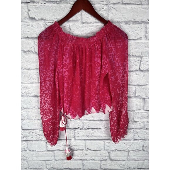 ROCOCO SAND Women's Hot Pink Tassel Tie Waist Silk Blouse Medium - Picture 7 of 7